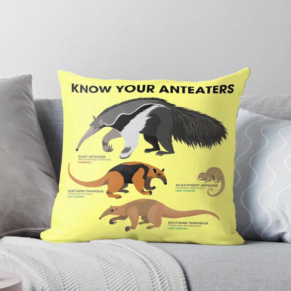 Soft, high-quality pillow with an illustration of various anteater species, including the giant anteater, pygmy anteater, and tamandua.