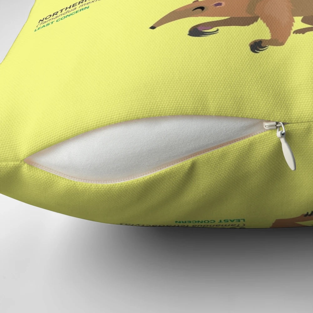 Soft, high-quality pillow with an illustration of various anteater species, including the giant anteater, pygmy anteater, and tamandua.