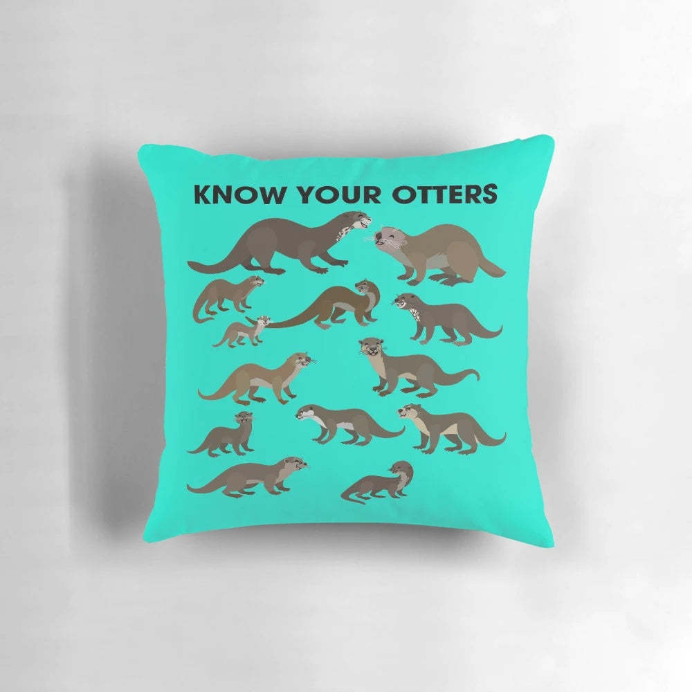 Soft and cozy "Know Your Otters" throw pillow with various otter species depicted
