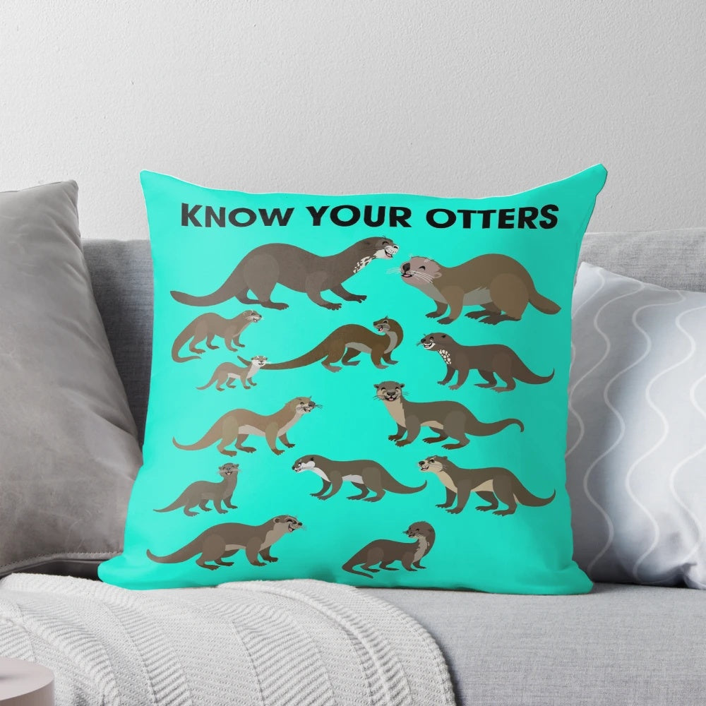 Soft and cozy "Know Your Otters" throw pillow with various otter species depicted