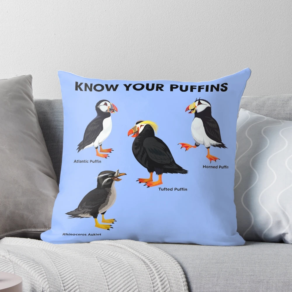 A colorful and informative pillow featuring illustrations of different puffin species