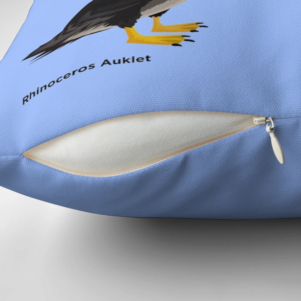 A colorful and informative pillow featuring illustrations of different puffin species