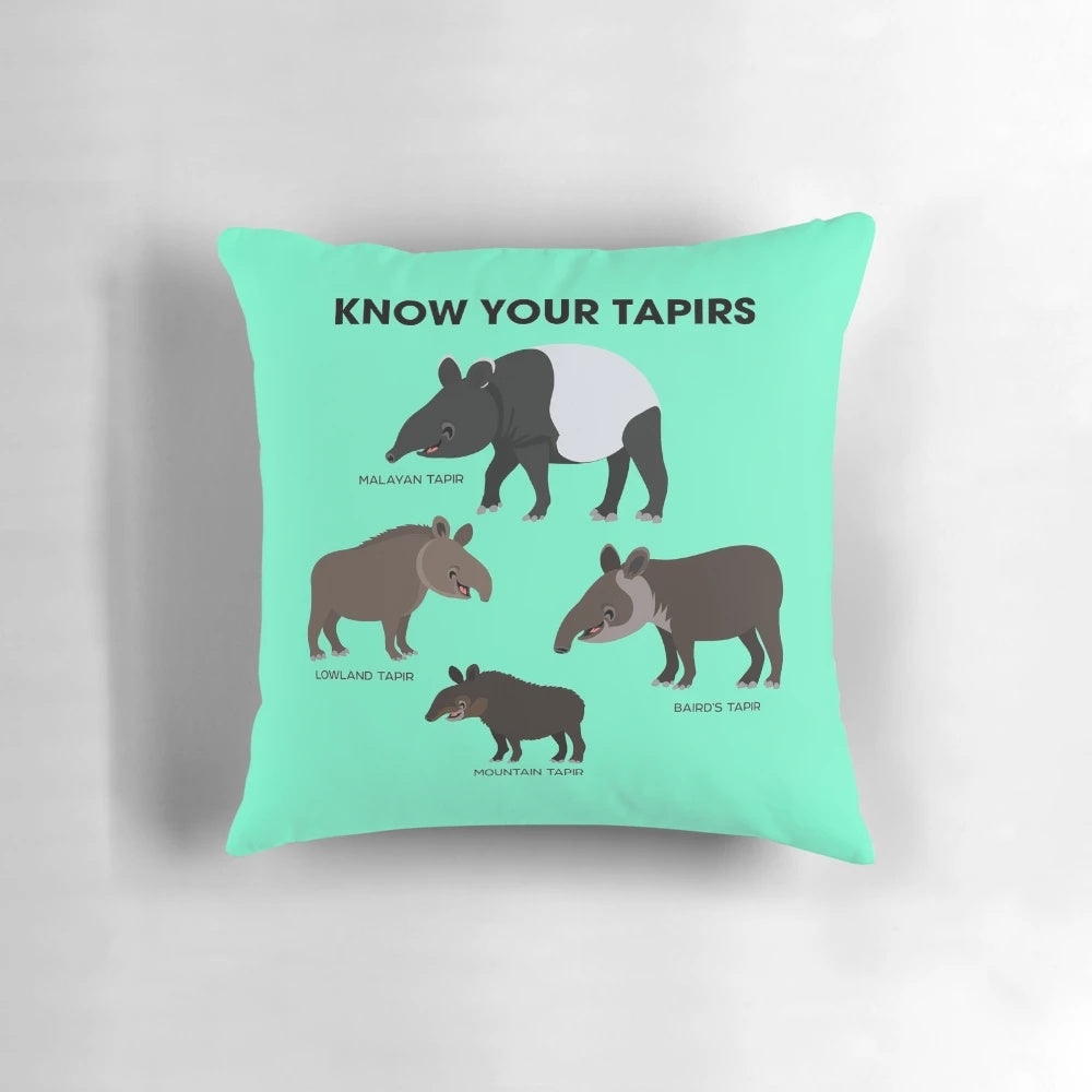 Colorful "Know Your Tapirs" pillow featuring different species of tapirs