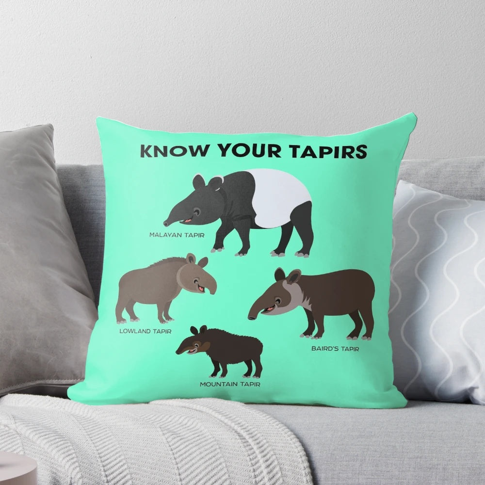 Colorful "Know Your Tapirs" pillow featuring different species of tapirs