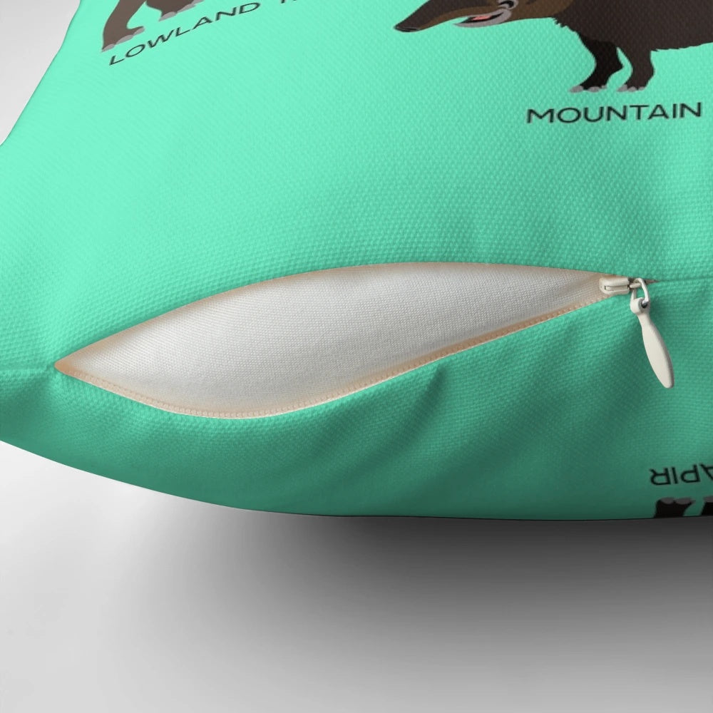 Colorful "Know Your Tapirs" pillow featuring different species of tapirs