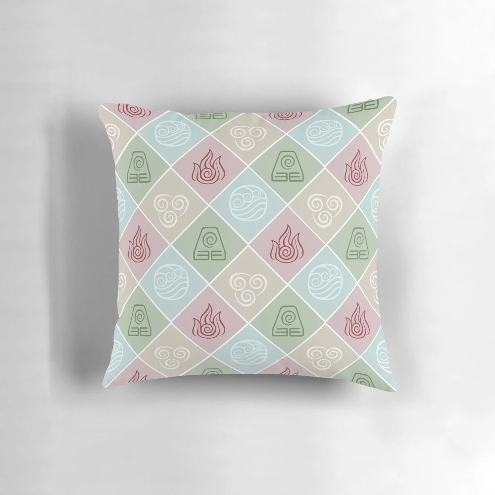 Vibrant four elements pillow featuring the iconic symbols from Avatar: The Last Airbender