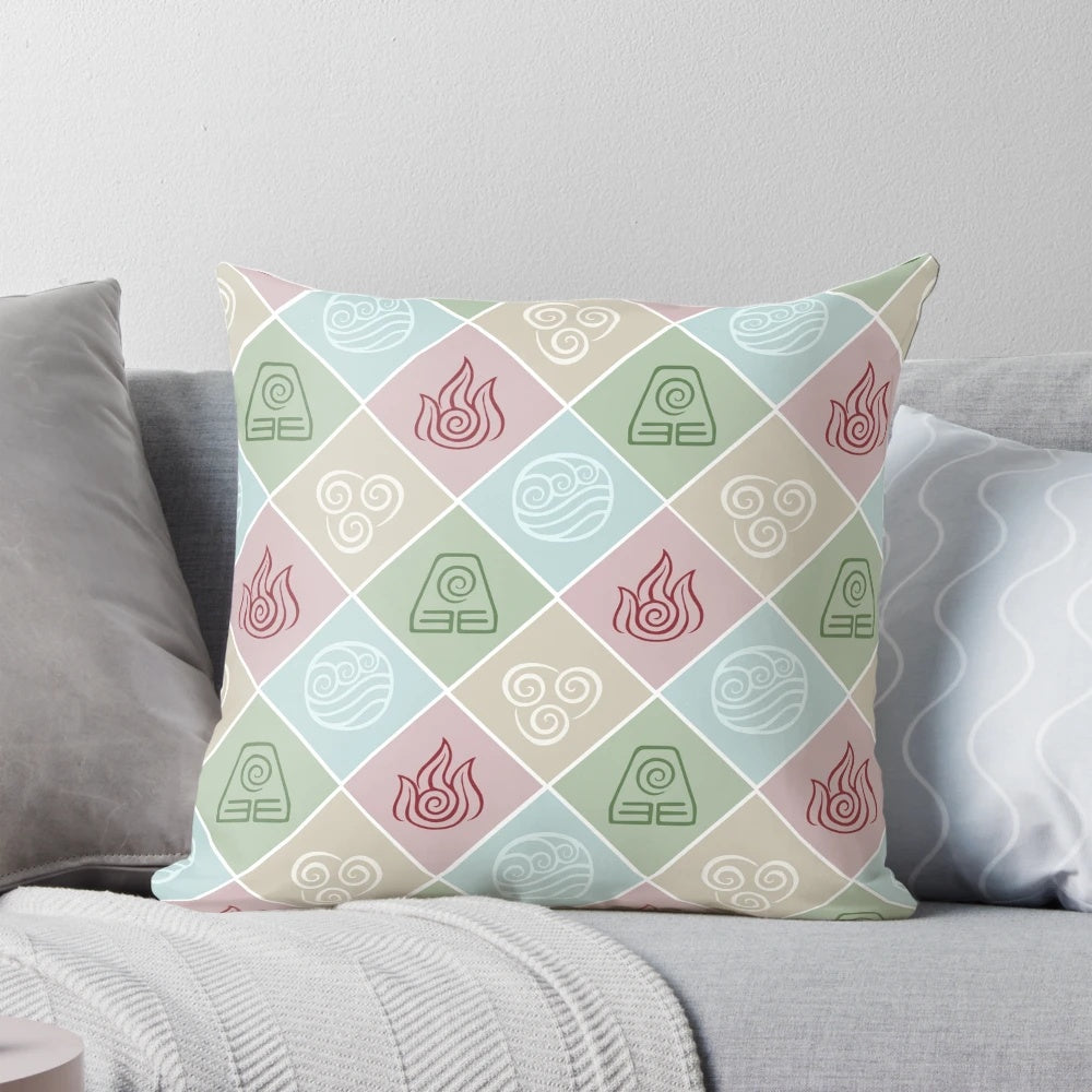Vibrant four elements pillow featuring the iconic symbols from Avatar: The Last Airbender
