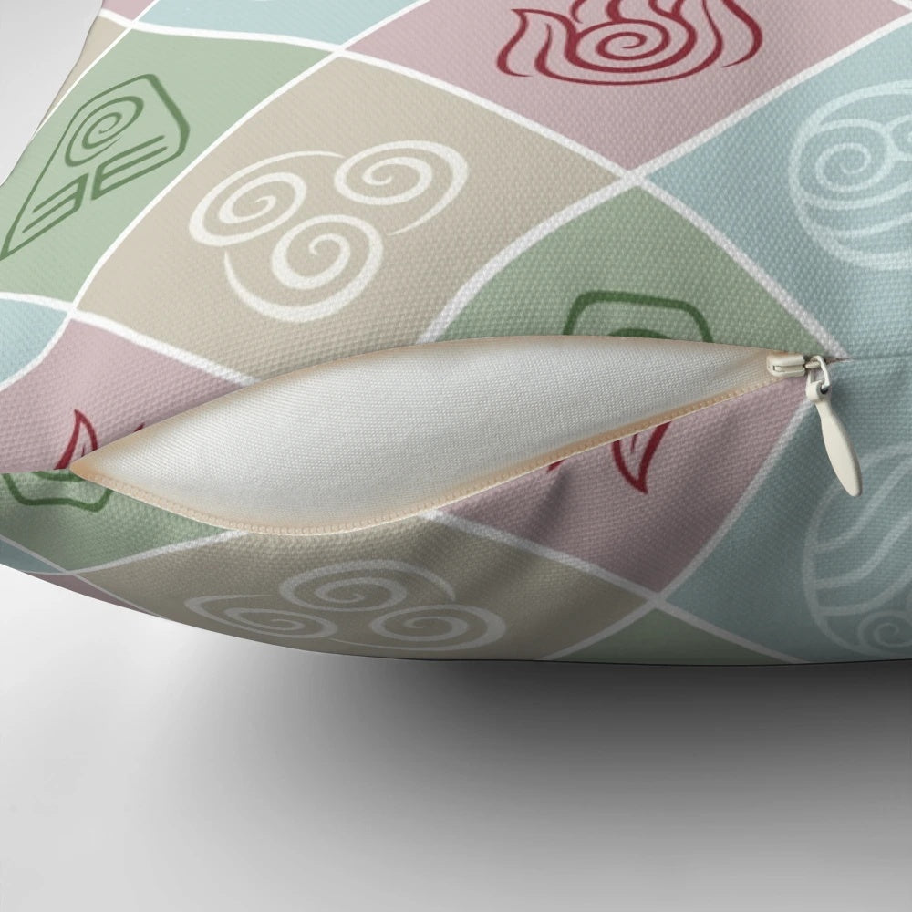 Vibrant four elements pillow featuring the iconic symbols from Avatar: The Last Airbender