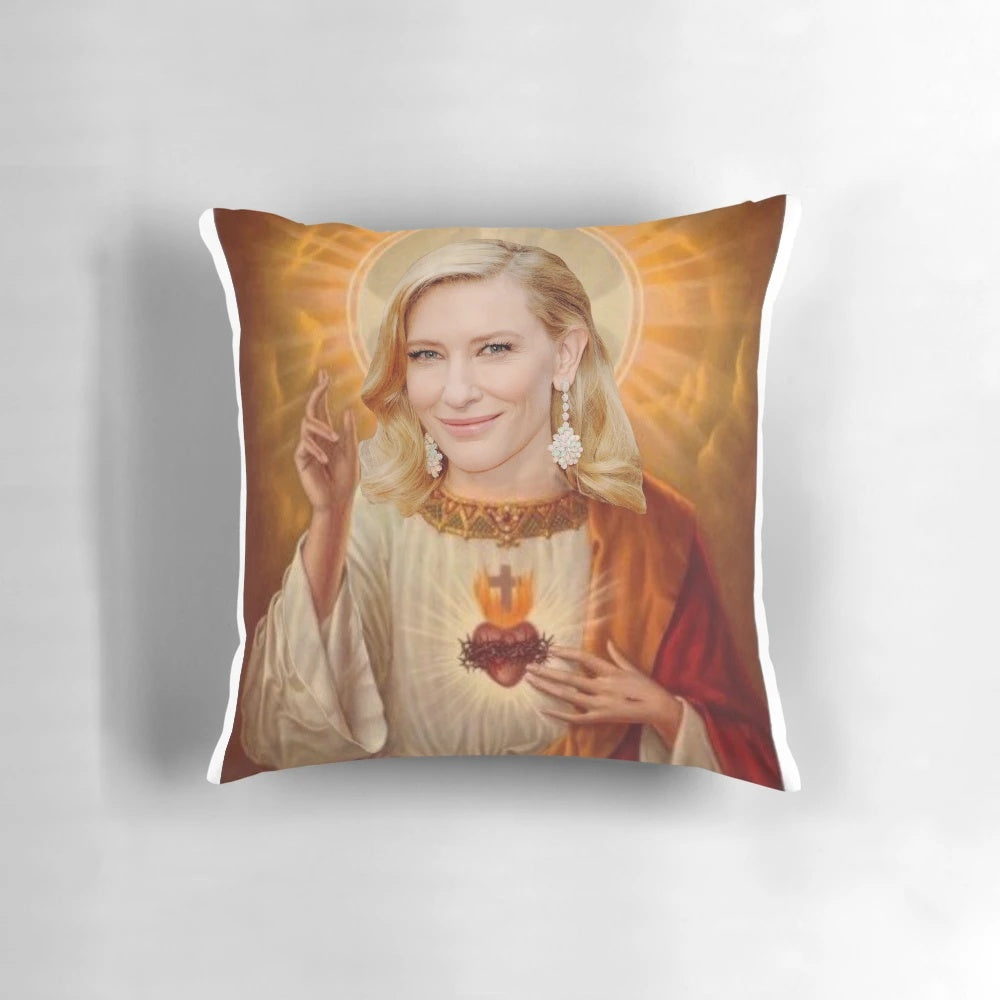 A soft, plush pillow featuring the image of Jesus and actress Cate Blanchett, perfect for Christian and movie fans alike.