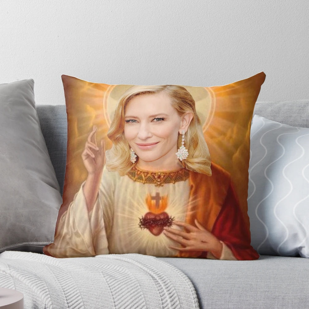 A soft, plush pillow featuring the image of Jesus and actress Cate Blanchett, perfect for Christian and movie fans alike.