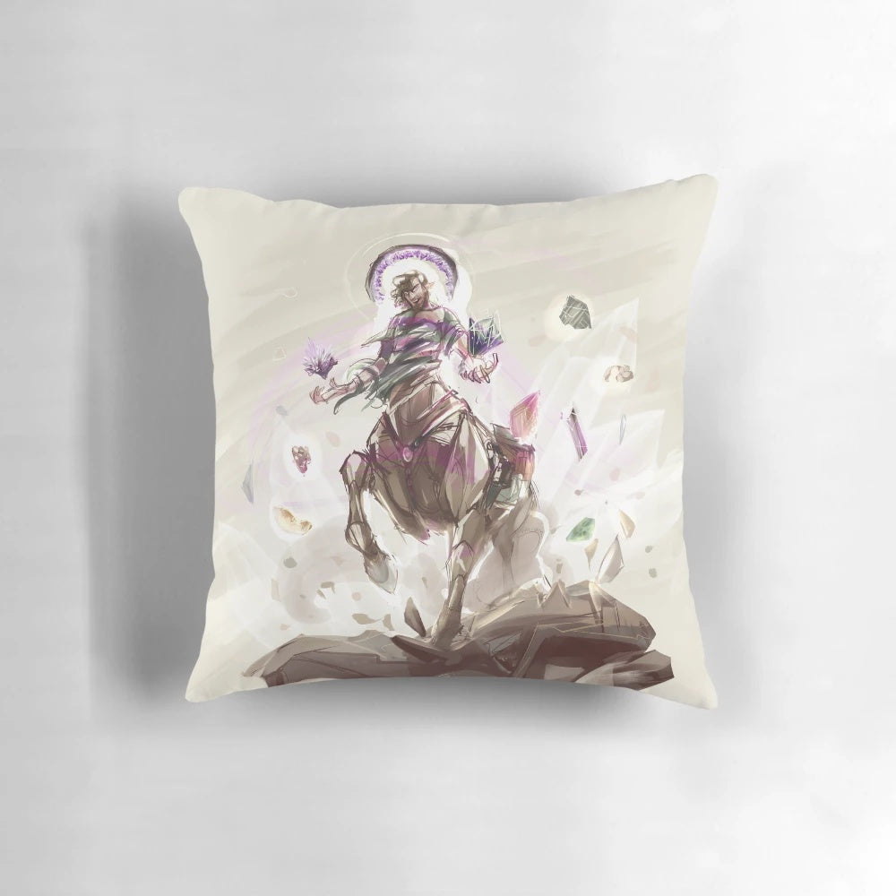 An illustrated pillow featuring a shaggy, centaur-like character with the title "The High Geologist