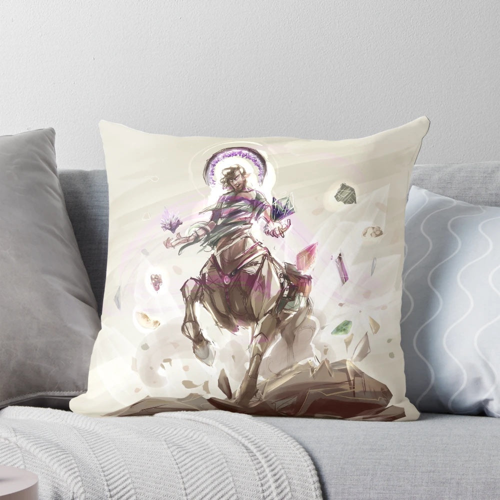 An illustrated pillow featuring a shaggy, centaur-like character with the title "The High Geologist