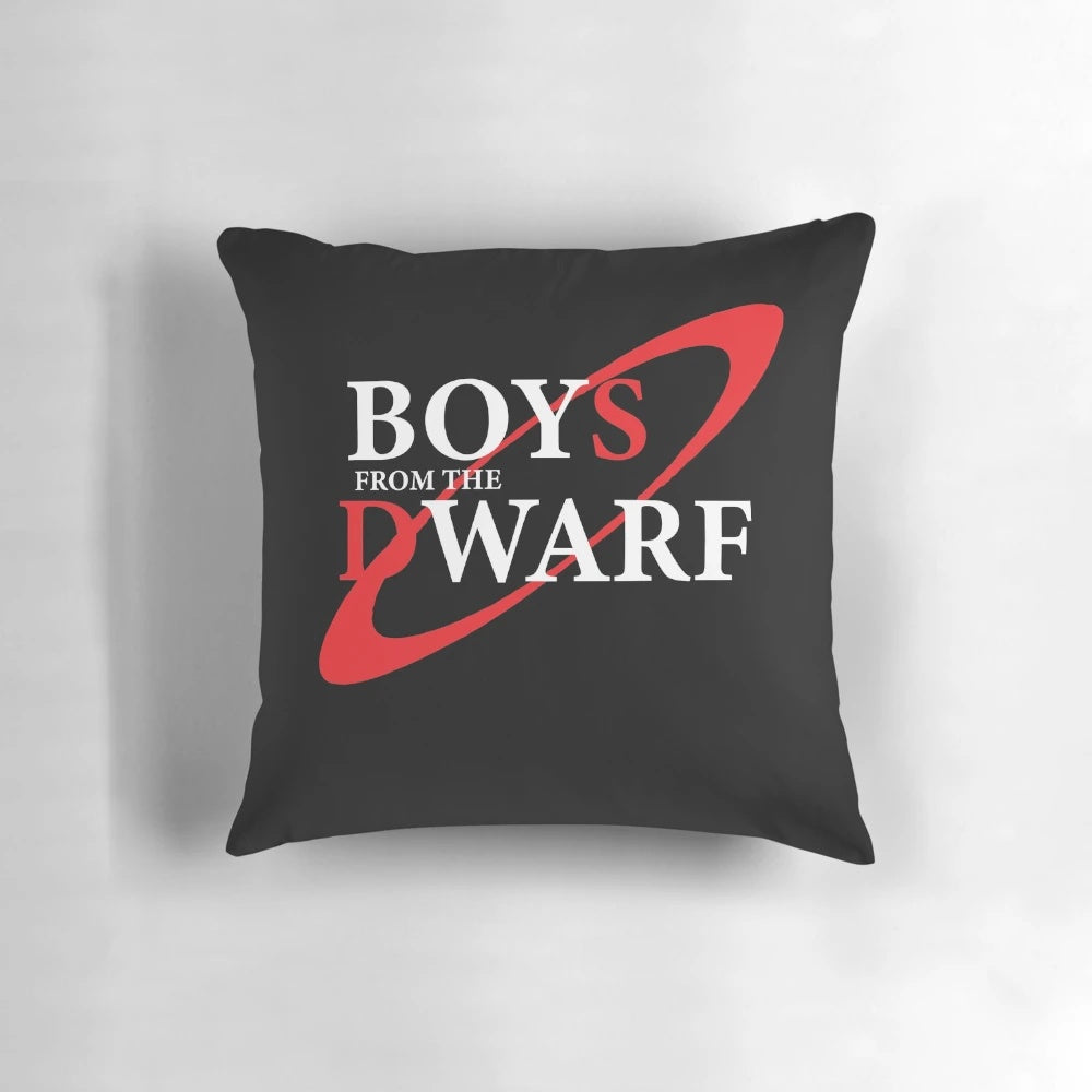 Red Dwarf-inspired pillow featuring iconic characters and quotes