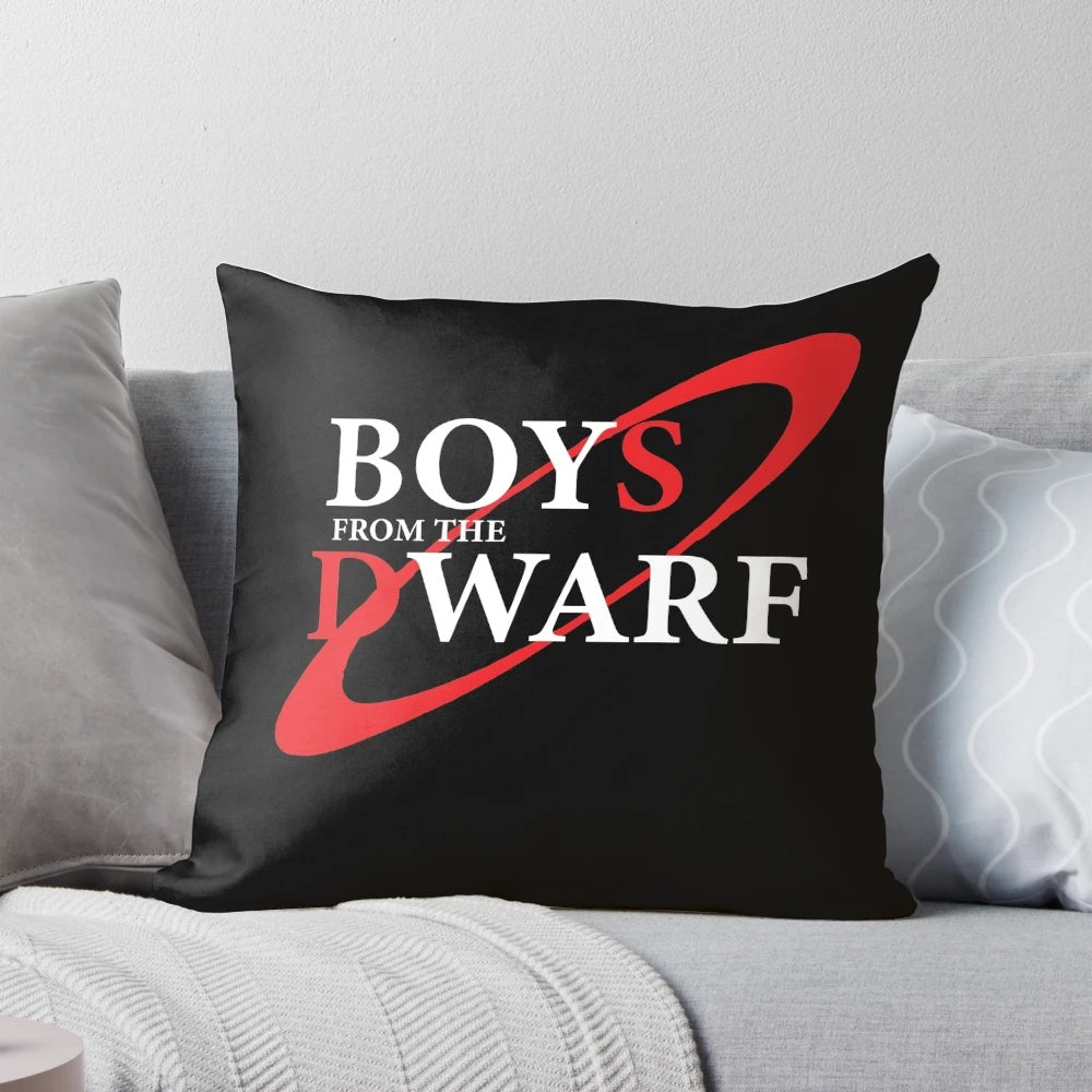 Red Dwarf-inspired pillow featuring iconic characters and quotes