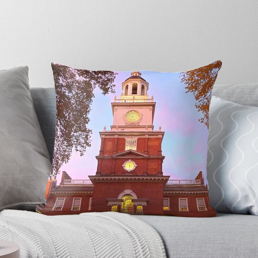 Vibrant pillow featuring the iconic Independence Hall in Philadelphia, a historic landmark and symbol of American independence.