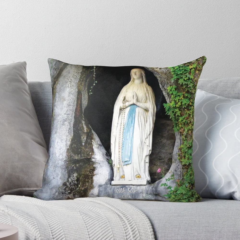 Our Lady of Lourdes Pillow featuring religious imagery and symbols