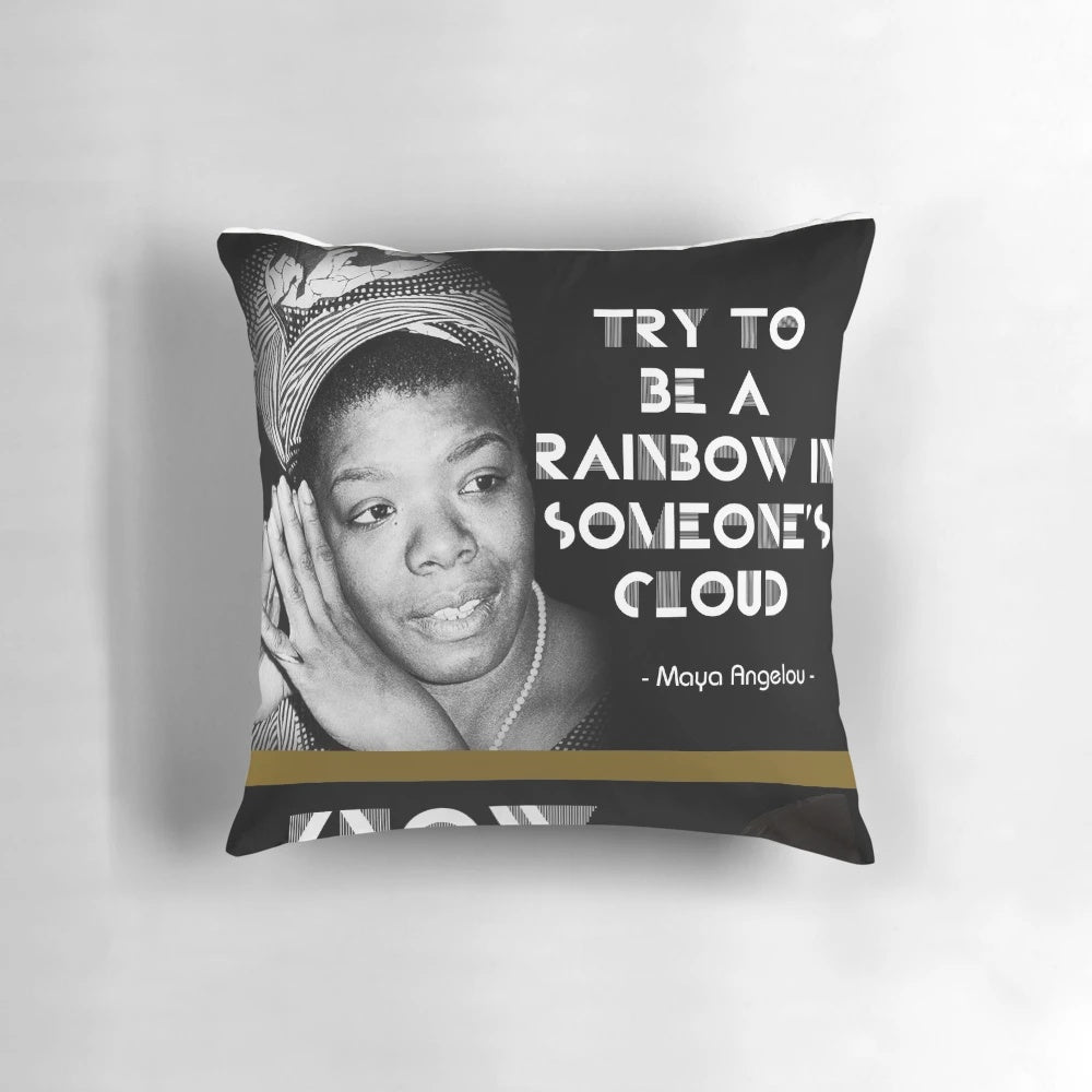 A colorful throw pillow featuring a nature-inspired design and an uplifting quote from Maya Angelou.
