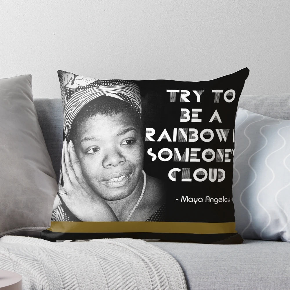 A colorful throw pillow featuring a nature-inspired design and an uplifting quote from Maya Angelou.