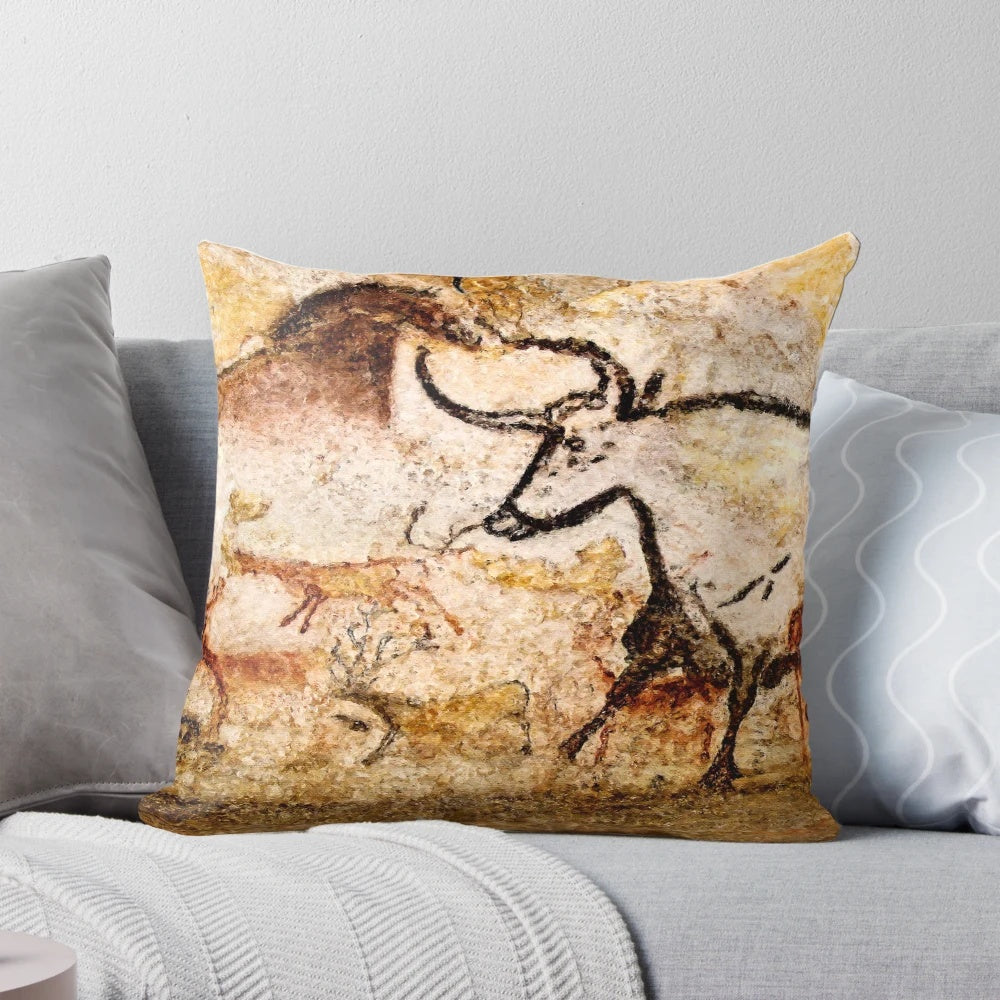 Lascaux Hall of the Bulls Aurochs Pillow showcasing stunning prehistoric cave art
