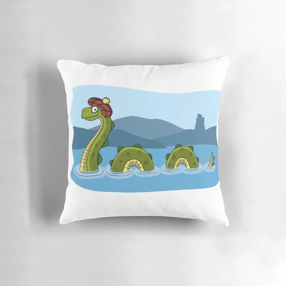 Plush pillow featuring the mythical Loch Ness Monster, Nessie