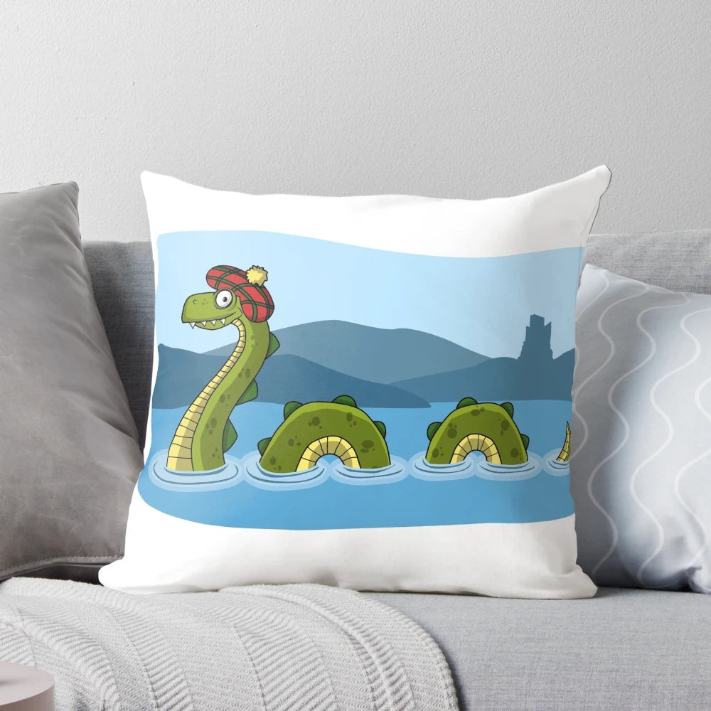 Plush pillow featuring the mythical Loch Ness Monster, Nessie