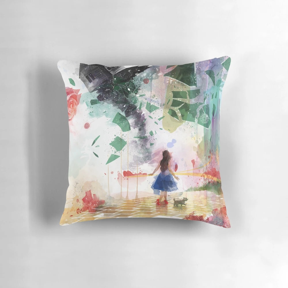 Wizard of Oz-themed pillow featuring Dorothy, Toto, and the Yellow Brick Road