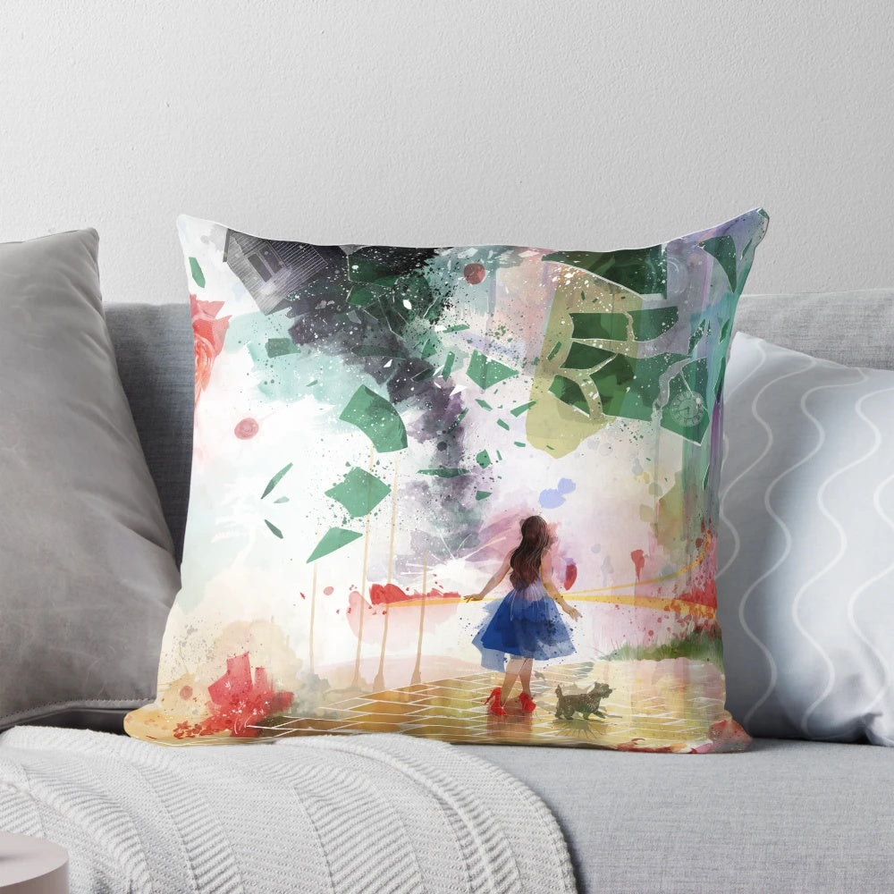 Wizard of Oz-themed pillow featuring Dorothy, Toto, and the Yellow Brick Road