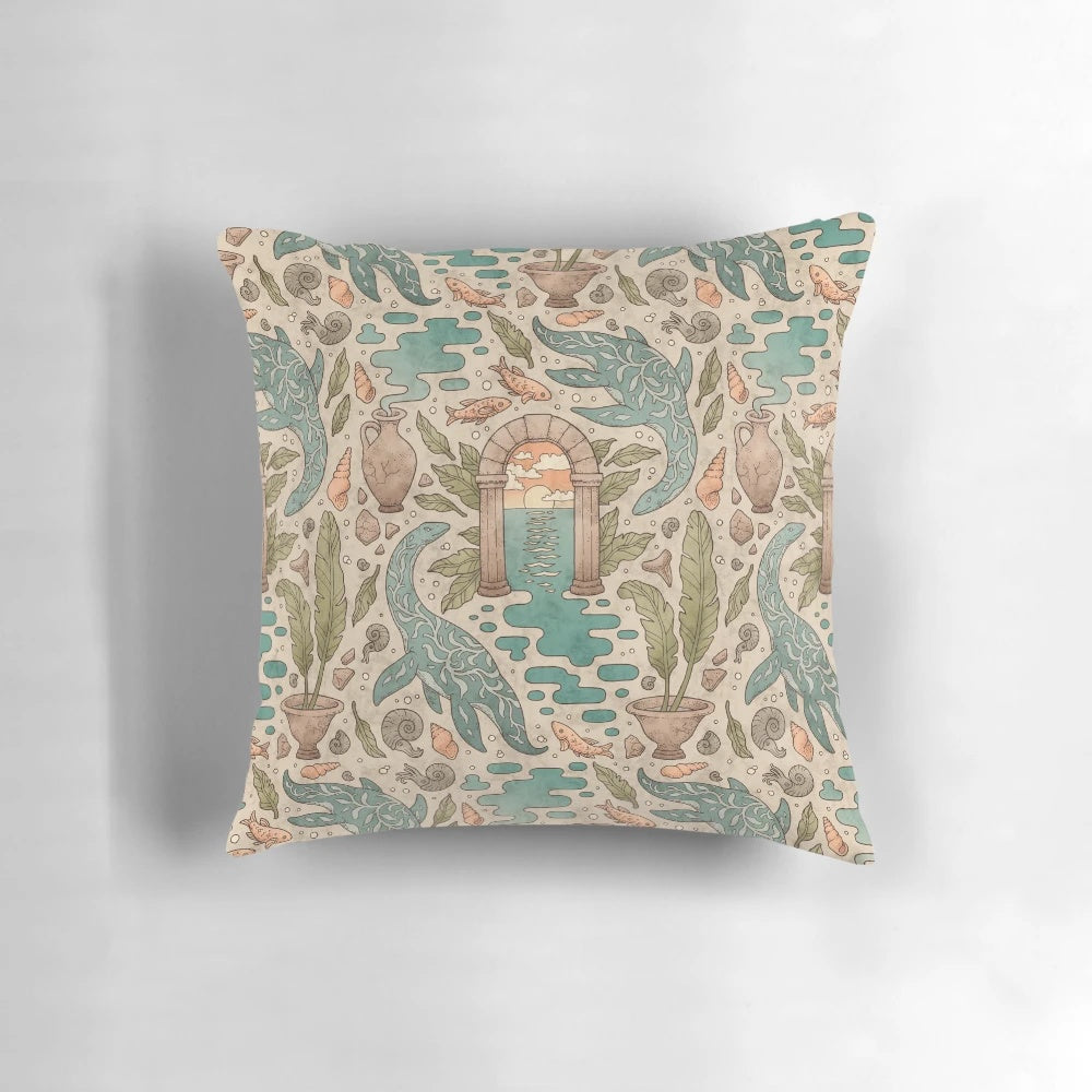 Artistic pillow featuring a plesiosaur-like sea monster swimming in a surreal, underwater landscape with ancient ruins and architecture.