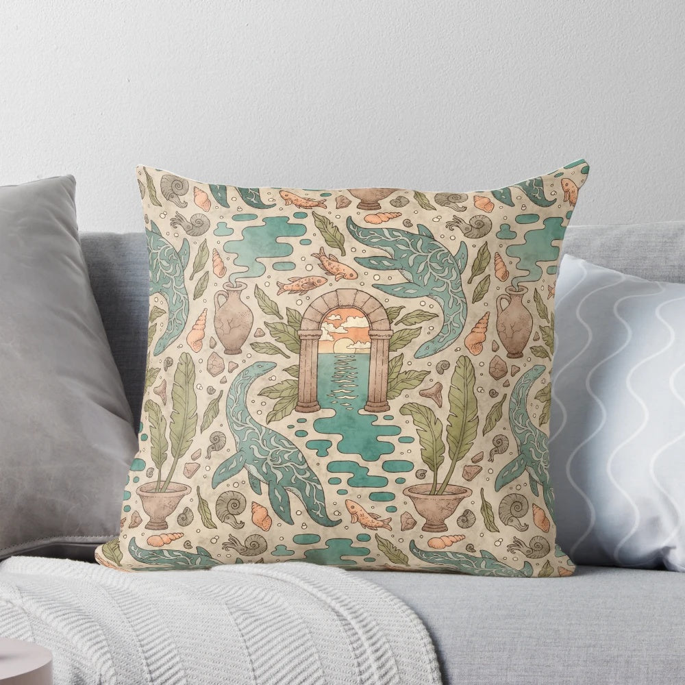 Artistic pillow featuring a plesiosaur-like sea monster swimming in a surreal, underwater landscape with ancient ruins and architecture.