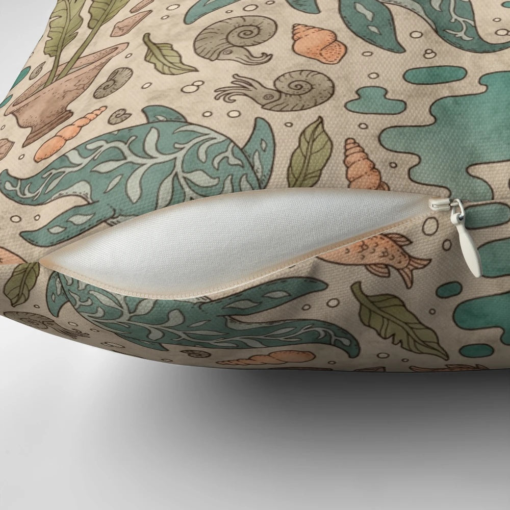 Artistic pillow featuring a plesiosaur-like sea monster swimming in a surreal, underwater landscape with ancient ruins and architecture.