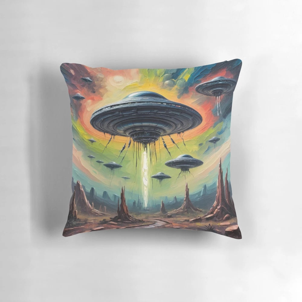 Pillow featuring a vibrant illustration of a UFO over a moonlit landscape