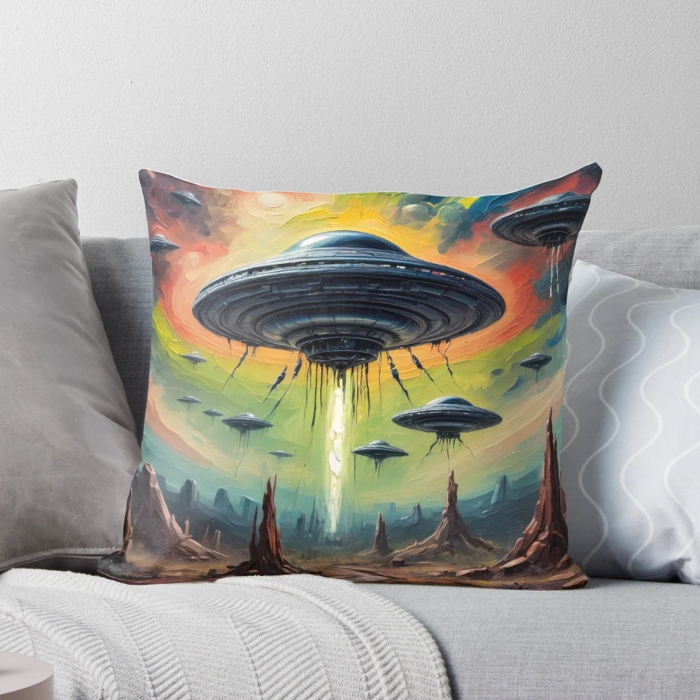 Pillow featuring a vibrant illustration of a UFO over a moonlit landscape