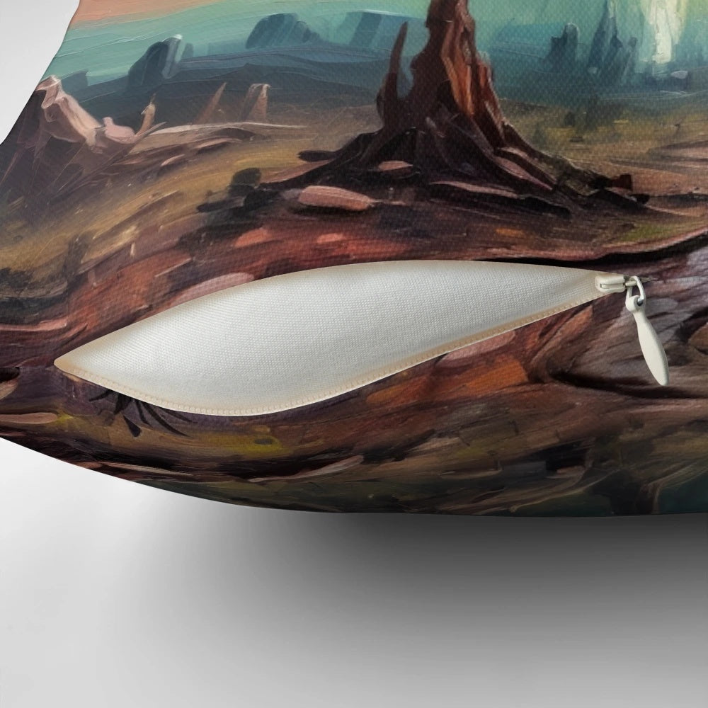 Pillow featuring a vibrant illustration of a UFO over a moonlit landscape