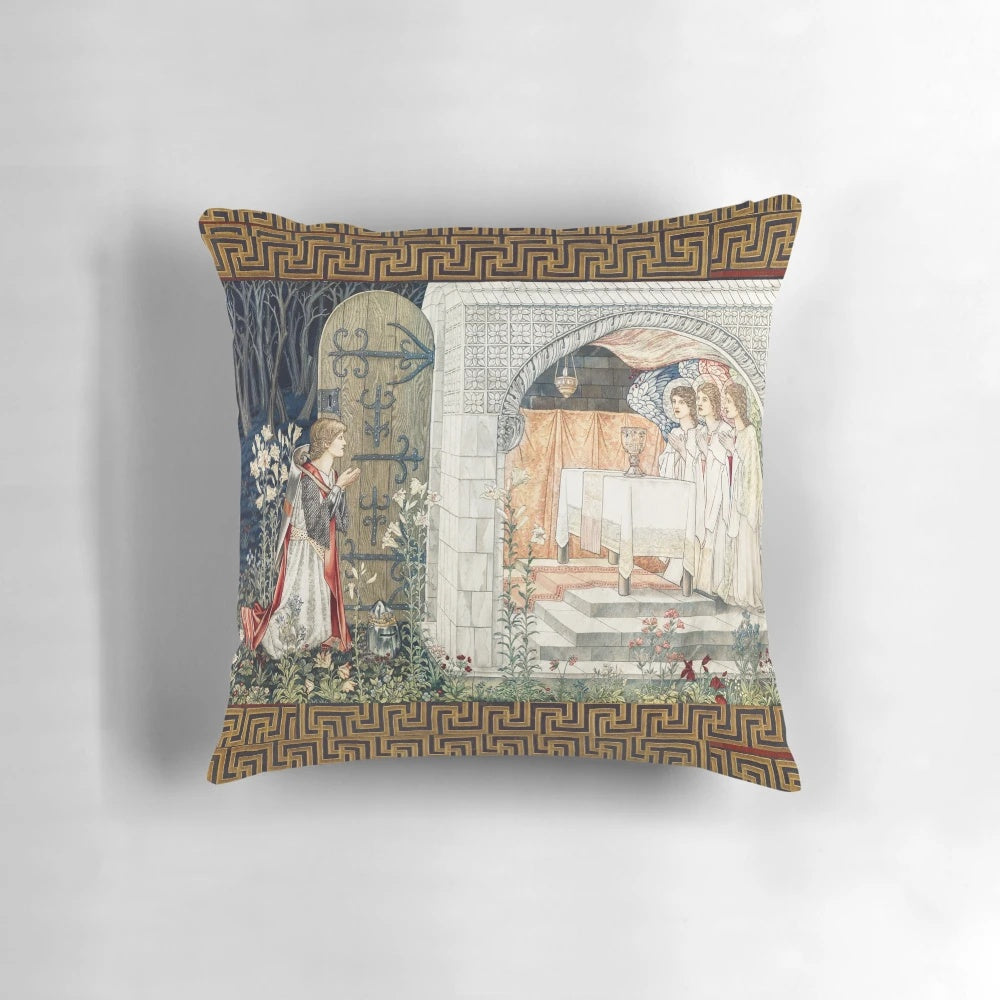 Percival's Vision of the Angels and Saint Graal, a captivating Pillow featuring medieval knights, white lilies, and angelic wings.