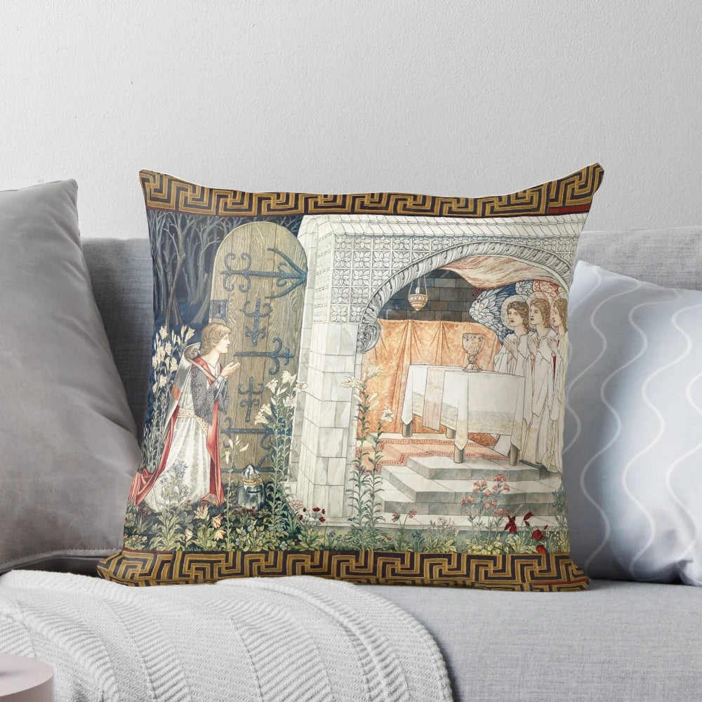 Percival's Vision of the Angels and Saint Graal, a captivating Pillow featuring medieval knights, white lilies, and angelic wings.
