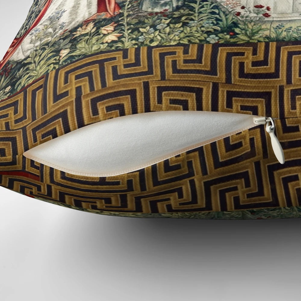 Percival's Vision of the Angels and Saint Graal, a captivating Pillow featuring medieval knights, white lilies, and angelic wings.