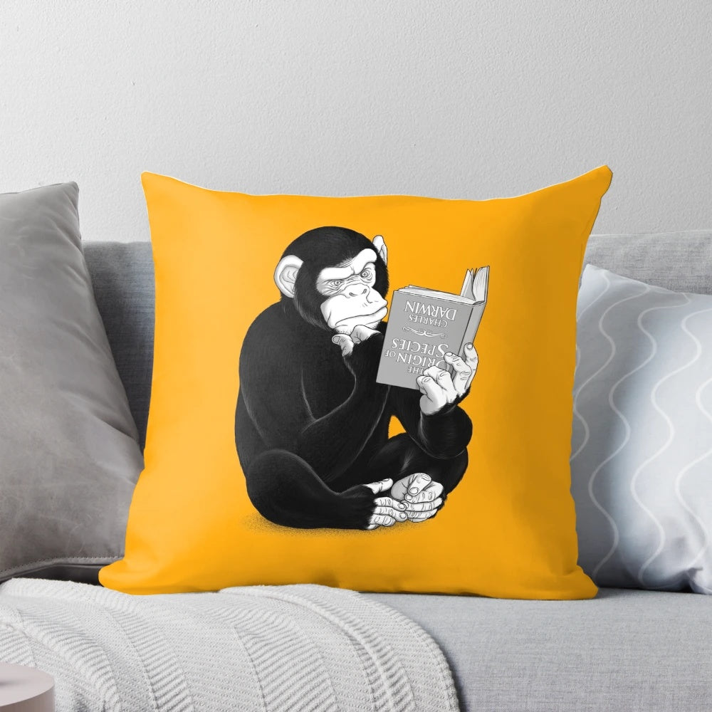 Soft and cozy pillow featuring the classic book "On the Origin of Species" by Charles Darwin, showcasing the evolution of apes and chimpanzees.