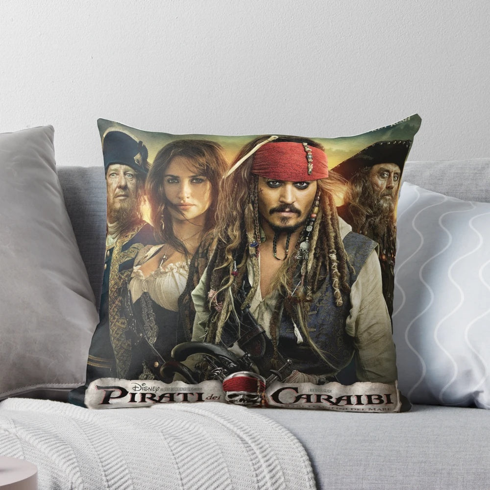A black and white pillow featuring a pirate ship and the text "PIRATES