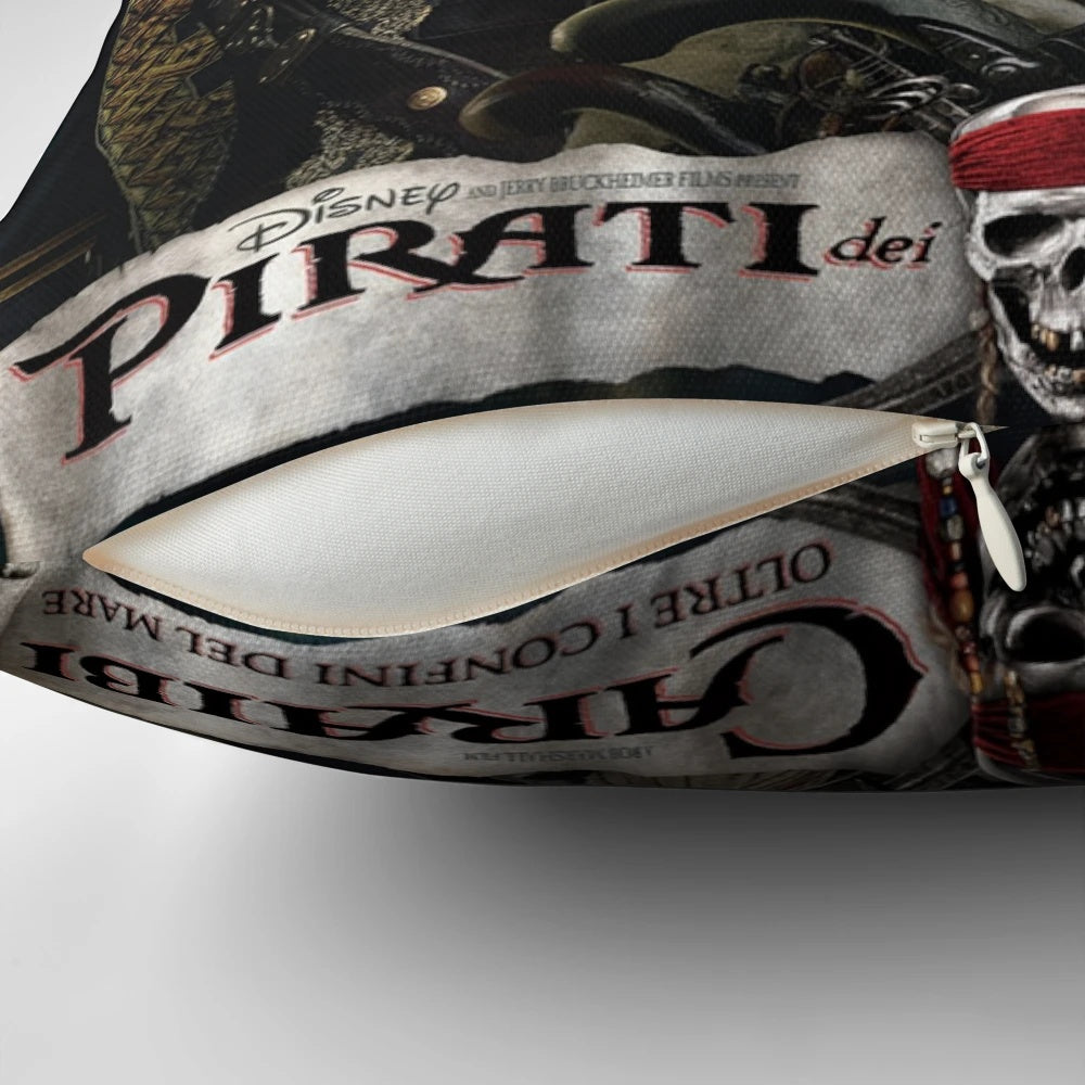 A black and white pillow featuring a pirate ship and the text "PIRATES