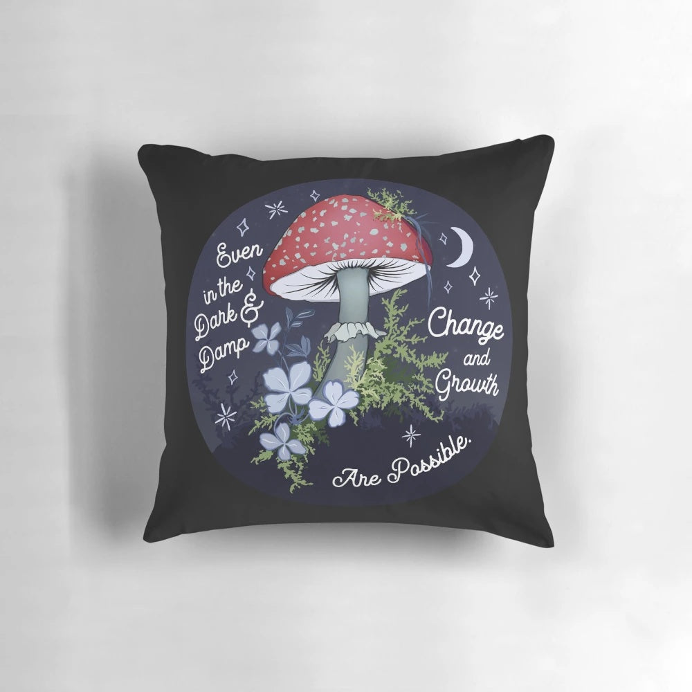 Artistic mushroom-themed pillow symbolizing personal growth and resilience