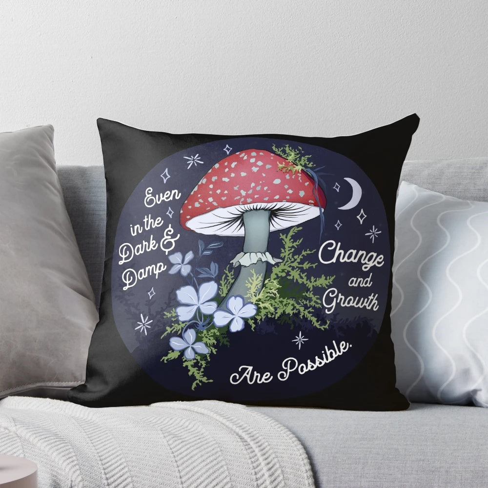 Artistic mushroom-themed pillow symbolizing personal growth and resilience