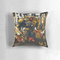 A vibrant yellow pillow featuring a stylized mecha or giant robot design, perfect for sci-fi enthusiasts and fans of mechanical engineering.