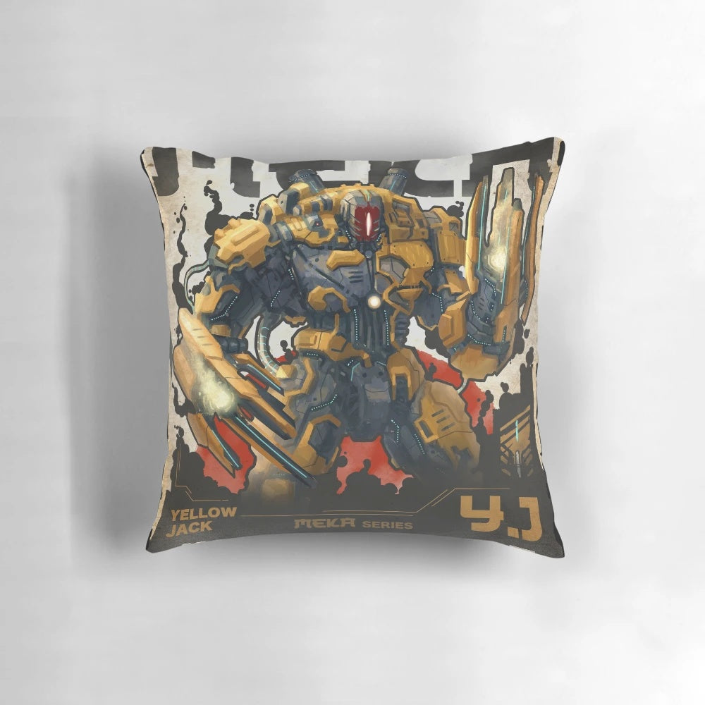 A vibrant yellow pillow featuring a stylized mecha or giant robot design, perfect for sci-fi enthusiasts and fans of mechanical engineering.