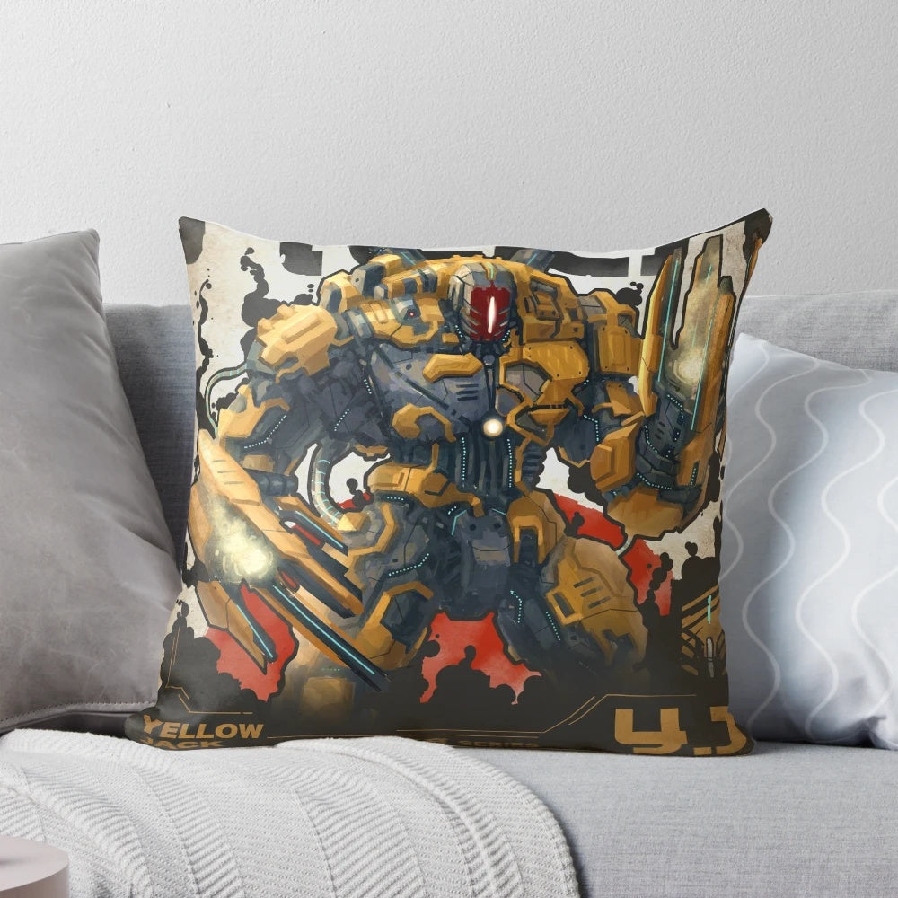 A vibrant yellow pillow featuring a stylized mecha or giant robot design, perfect for sci-fi enthusiasts and fans of mechanical engineering.