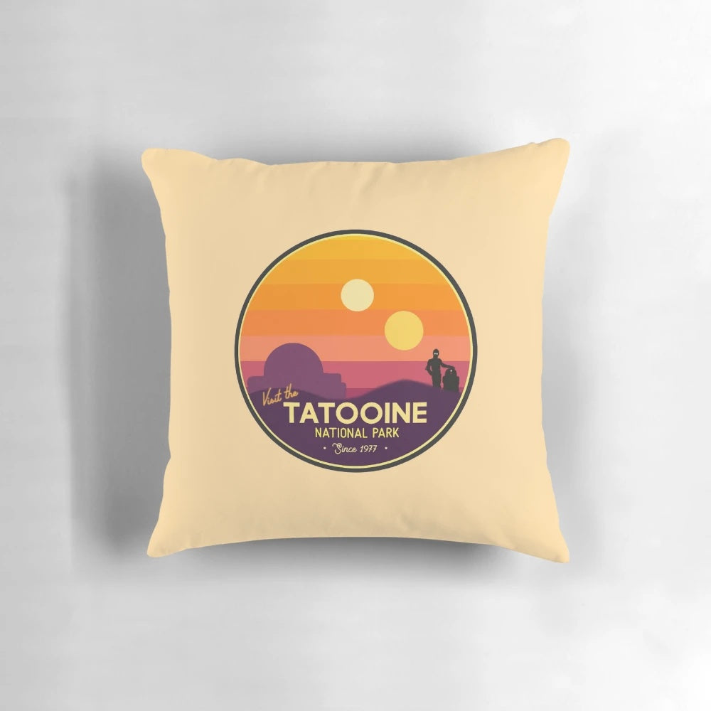 Star Wars-inspired Tatooine pillow featuring iconic characters and landscapes