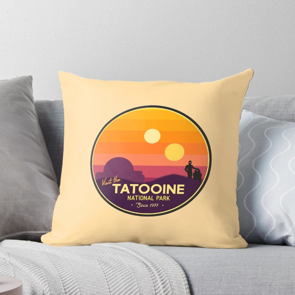 Star Wars-inspired Tatooine pillow featuring iconic characters and landscapes
