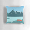 Pillow cover featuring a scenic landscape of Norwegian fjords, mountains, and wooden huts