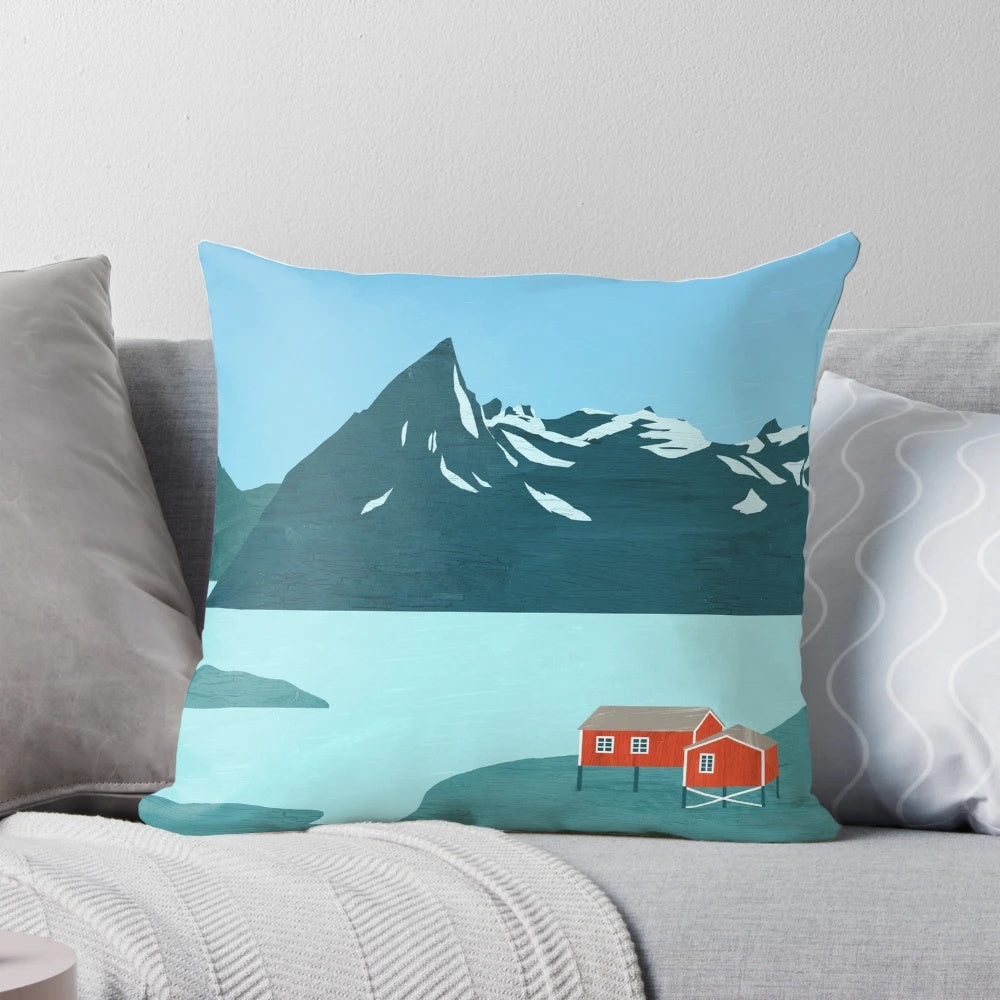 Pillow cover featuring a scenic landscape of Norwegian fjords, mountains, and wooden huts