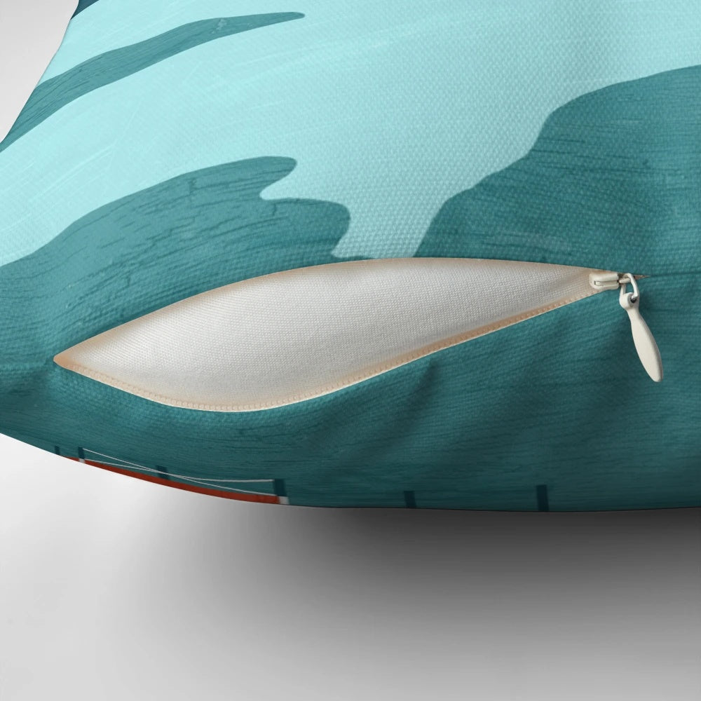 Pillow cover featuring a scenic landscape of Norwegian fjords, mountains, and wooden huts