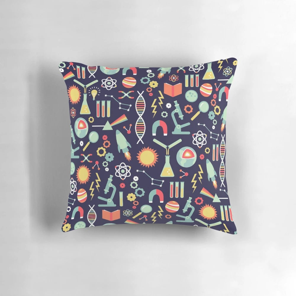 A soft, plush pillow featuring a stylish science-themed design, perfect for the geeky and nerdy at heart.
